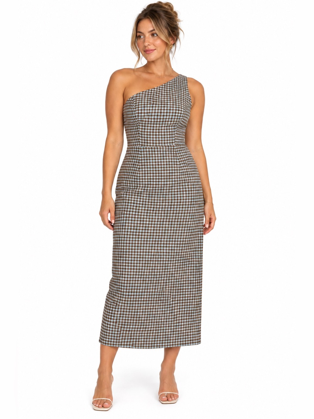 Urban Outfitters Carson One Shoulder Gingham Midi Dress M